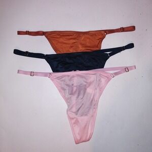 Set of 3 Victoria Secret Panty V String Thong XL Pink Brown Blue Lace Adjustable